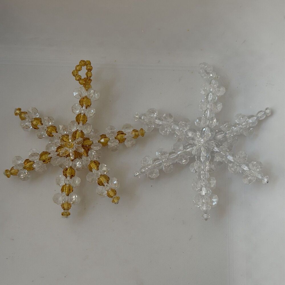 Set of 2 Handcrafted Beaded Snowflake Christmas Ornaments 4” Clear & Amber